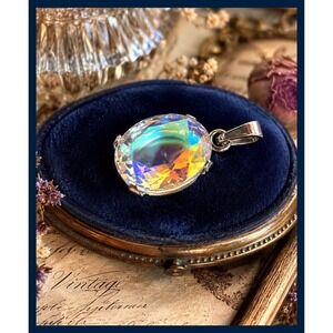 Vintage Aurora Borealis Crystal Pendant | Faceted Rainbow Charm | Estate Jewelry